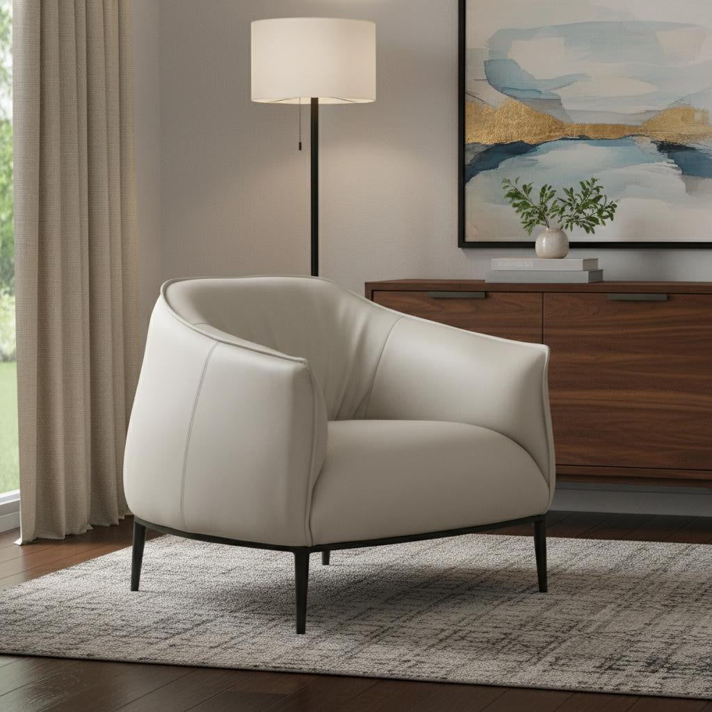 32" Light Gray and Black Faux Leather and Steel Arm Chair