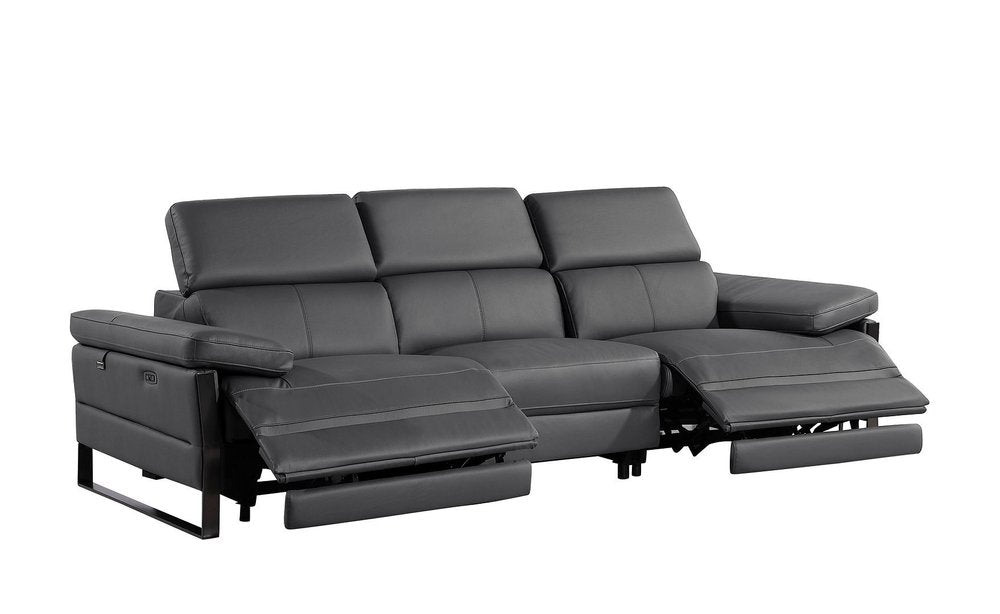 103" Dark Gray Top Grain Leather Reclining Metal USB Sofa