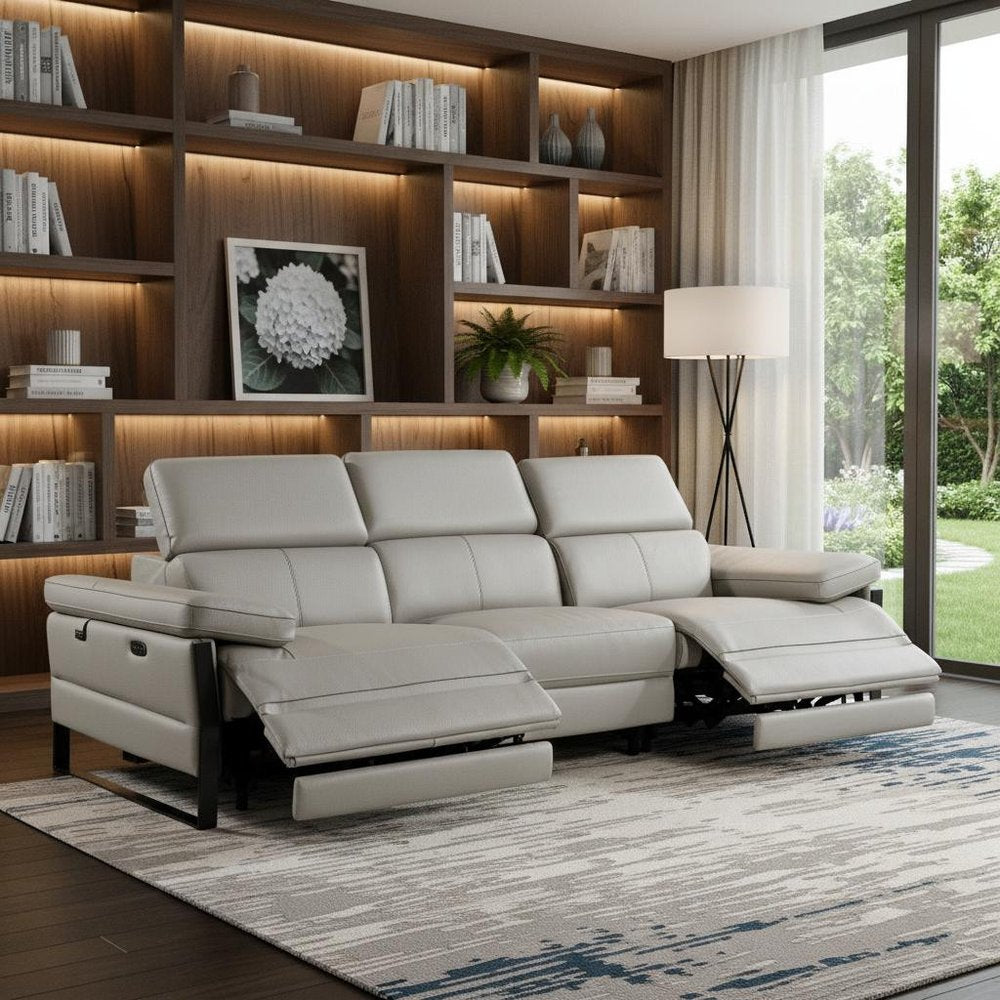 103" Dark Gray Top Grain Leather Reclining Metal USB Sofa