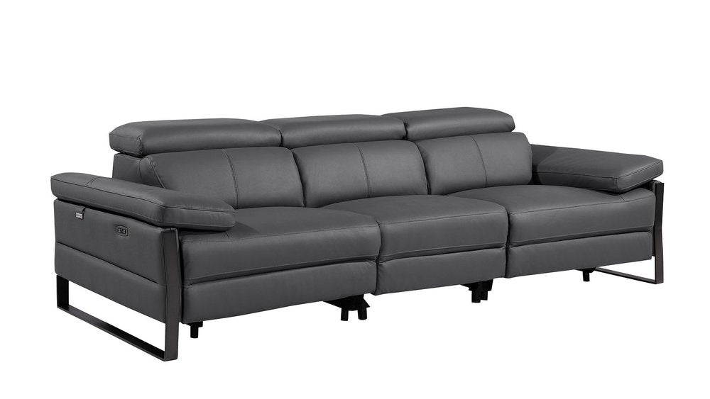 103" Dark Gray Top Grain Leather Reclining Metal USB Sofa