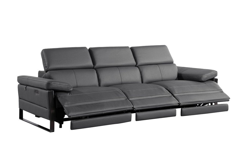 103" Dark Gray Top Grain Leather Reclining Metal USB Sofa