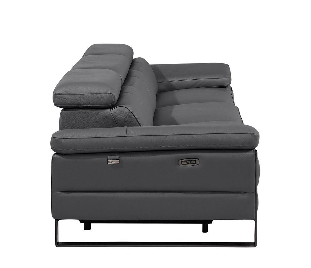 103" Dark Gray Top Grain Leather Reclining Metal USB Sofa