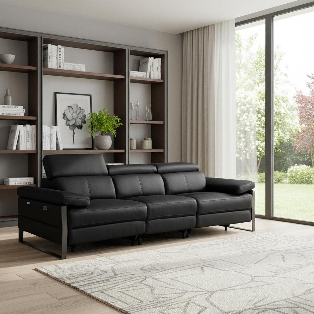103" Dark Gray Top Grain Leather Reclining Metal USB Sofa