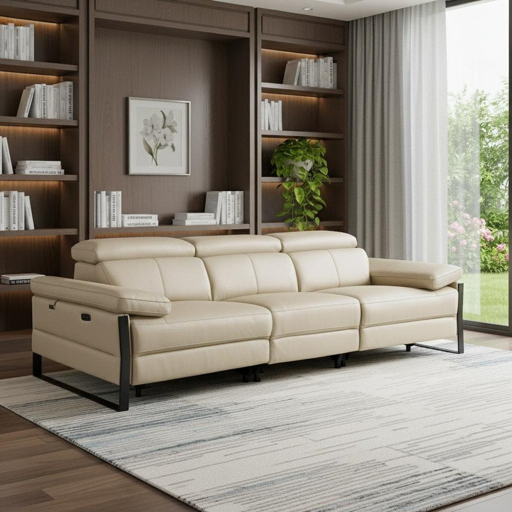 103" Dark Gray Top Grain Leather Reclining Metal USB Sofa