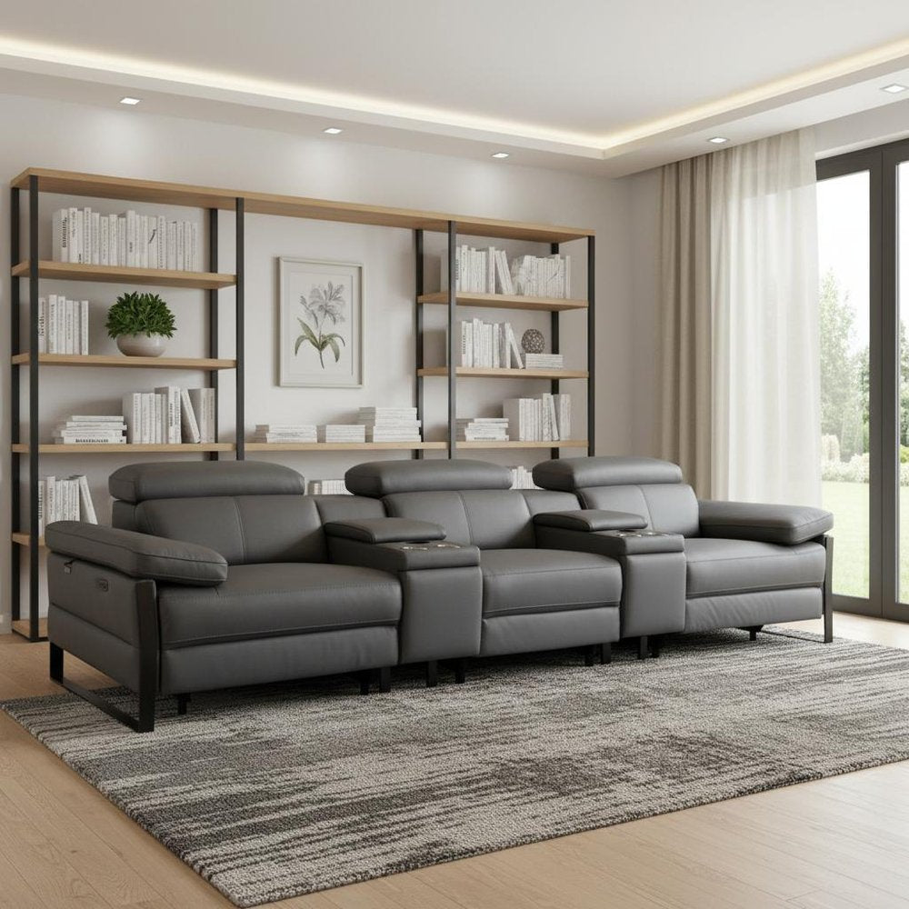 129" Dark Gray Top Grain Leather Reclining Metal USB Sofa
