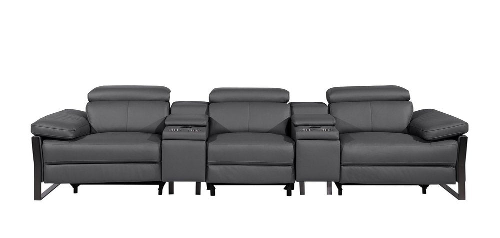 129" Black Top Grain Leather Reclining Metal USB Sofa