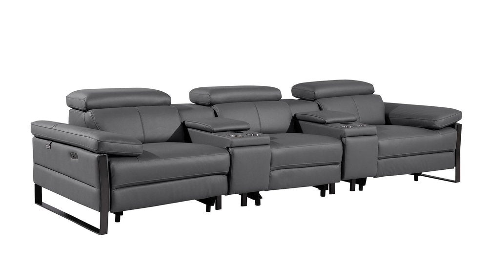 129" Dark Gray Top Grain Leather Reclining Metal USB Sofa