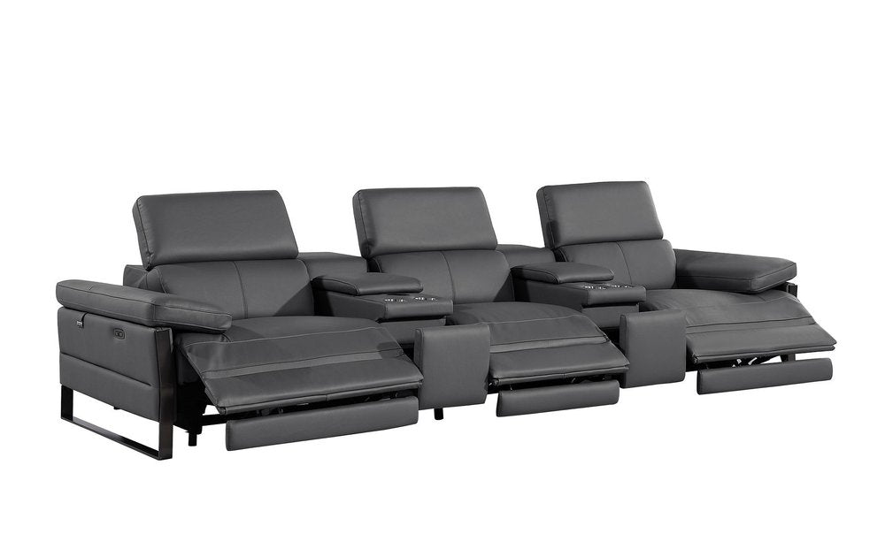 129" Dark Gray Top Grain Leather Reclining Metal USB Sofa