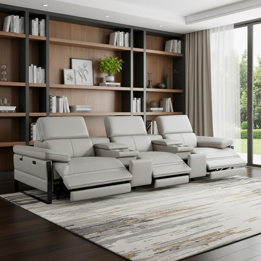 129" Dark Gray Top Grain Leather Reclining Metal USB Sofa