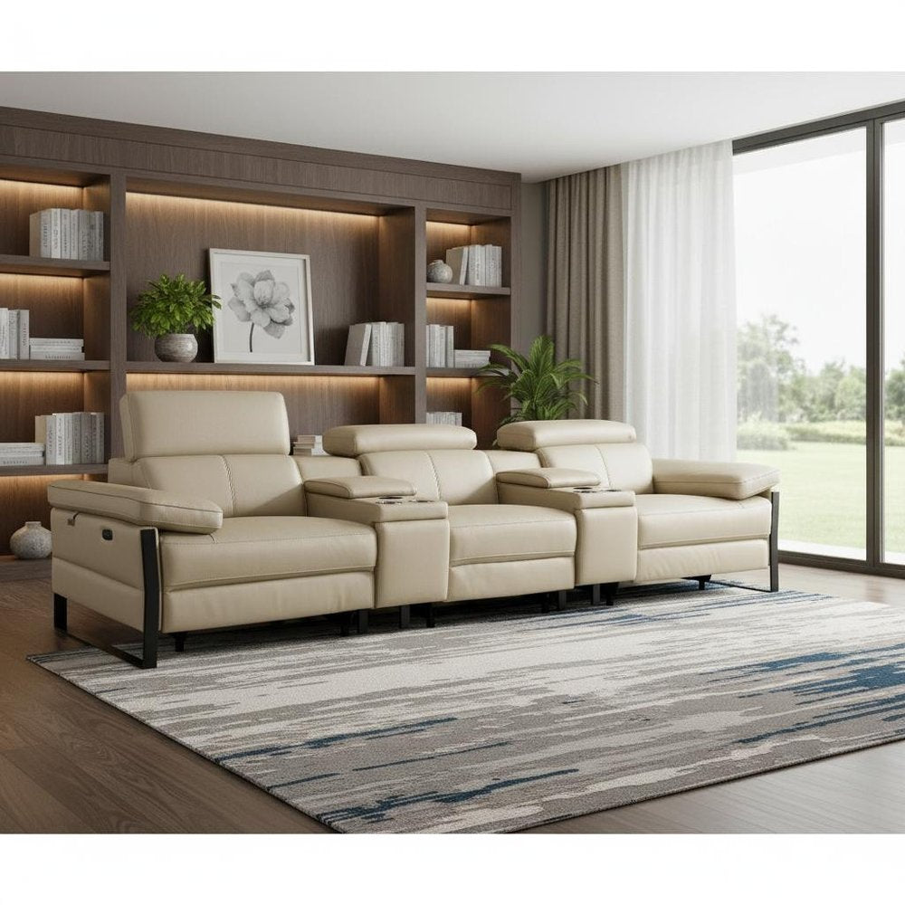 129" Dark Gray Top Grain Leather Reclining Metal USB Sofa