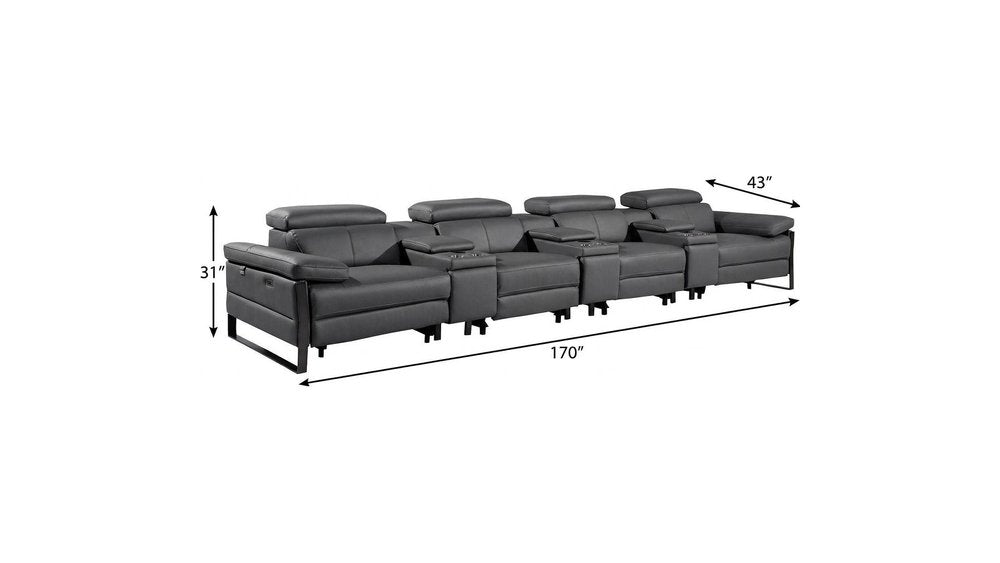 169" Dark Gray Top Grain Leather Reclining Metal USB Sofa