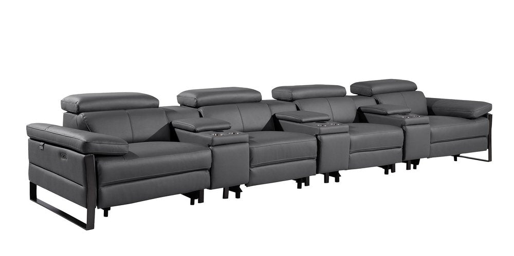 169" Black Top Grain Leather Reclining Metal USB Sofa