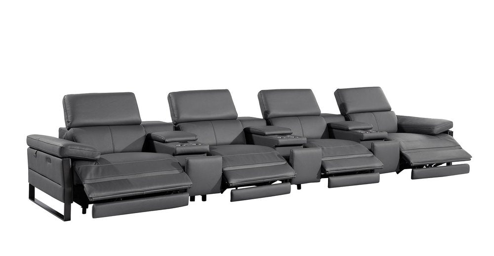 169" Dark Gray Top Grain Leather Reclining Metal USB Sofa