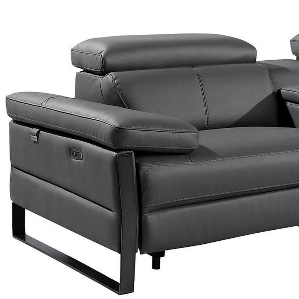 169" Dark Gray Top Grain Leather Reclining Metal USB Sofa