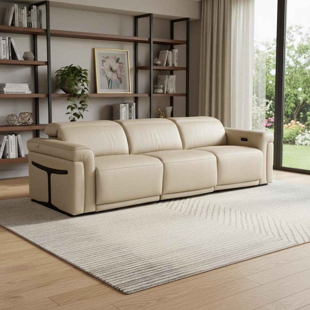 100" Black Top Grain Leather Reclining Metal USB Sofa