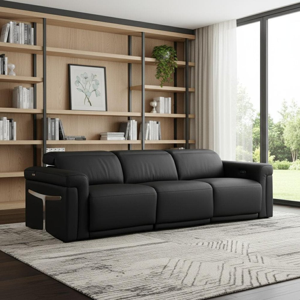 100" Beige Top Grain Leather Reclining Metal USB Sofa