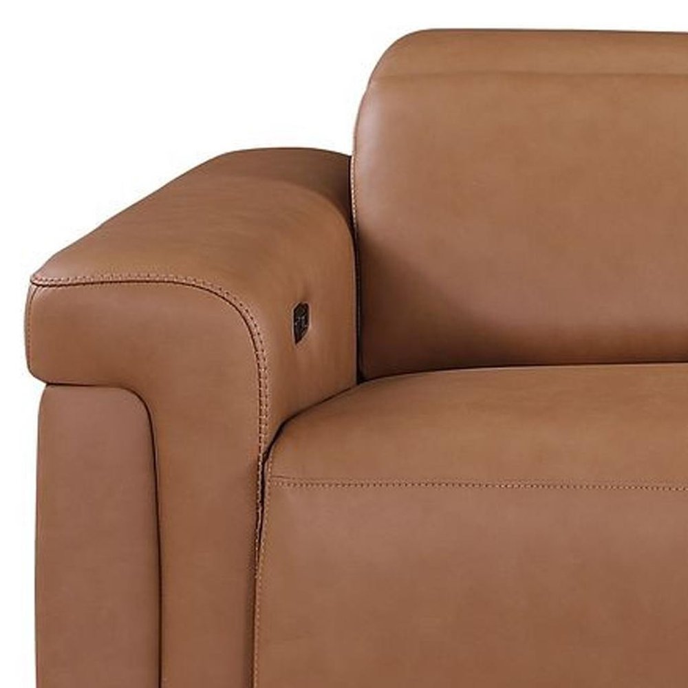 100" Beige Top Grain Leather Reclining Metal USB Sofa