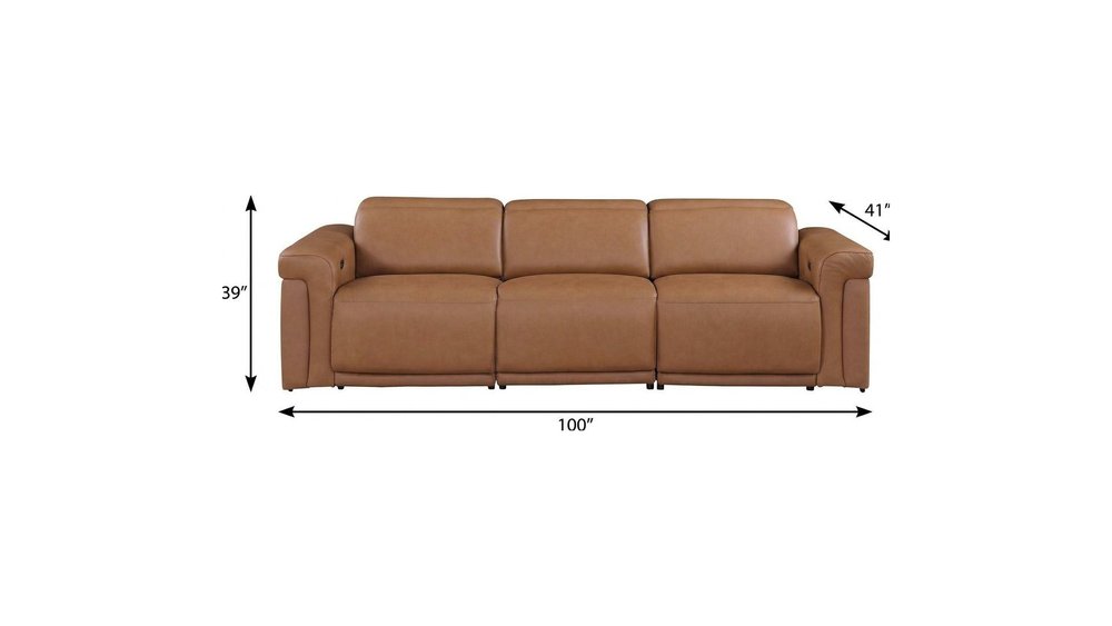100" Beige Top Grain Leather Reclining Metal USB Sofa