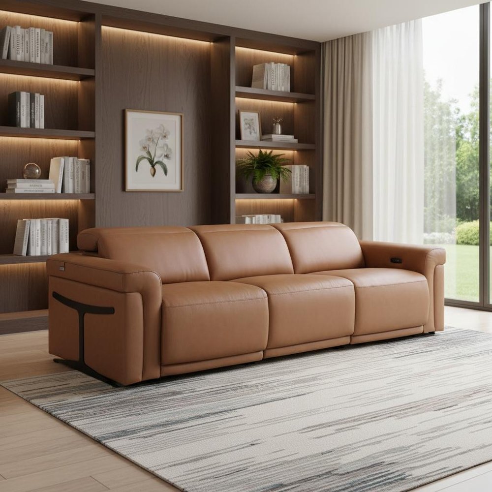 100" Beige Top Grain Leather Reclining Metal USB Sofa