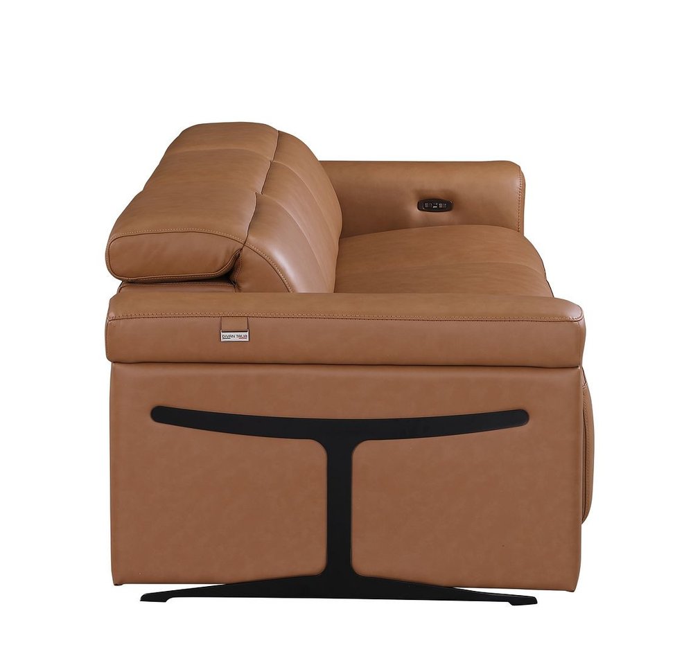 100" Beige Top Grain Leather Reclining Metal USB Sofa