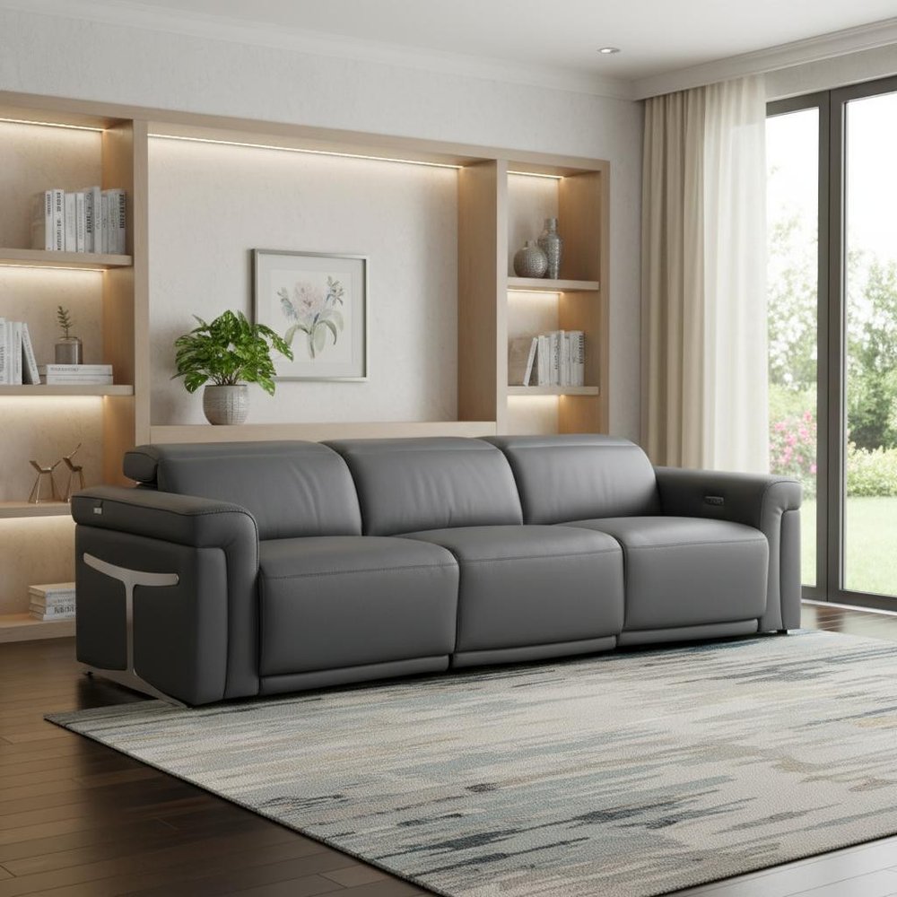 100" Beige Top Grain Leather Reclining Metal USB Sofa