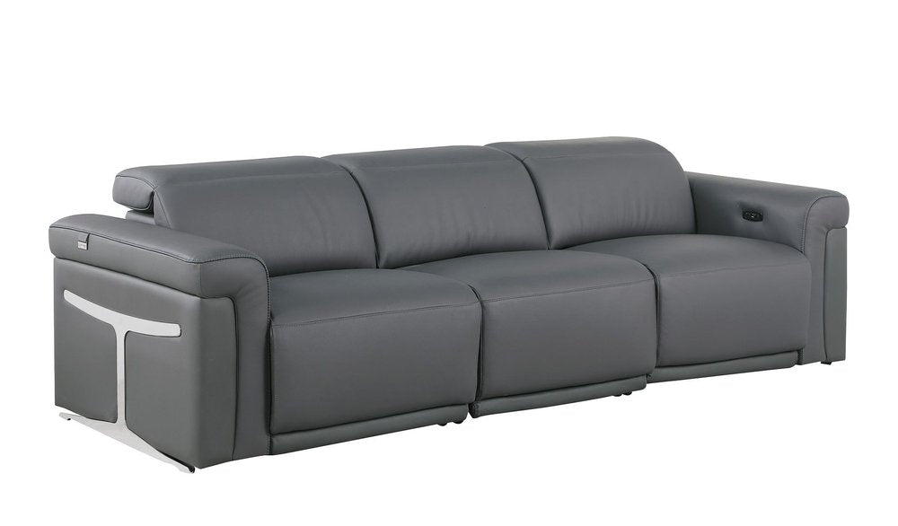 100" Beige Top Grain Leather Reclining Metal USB Sofa