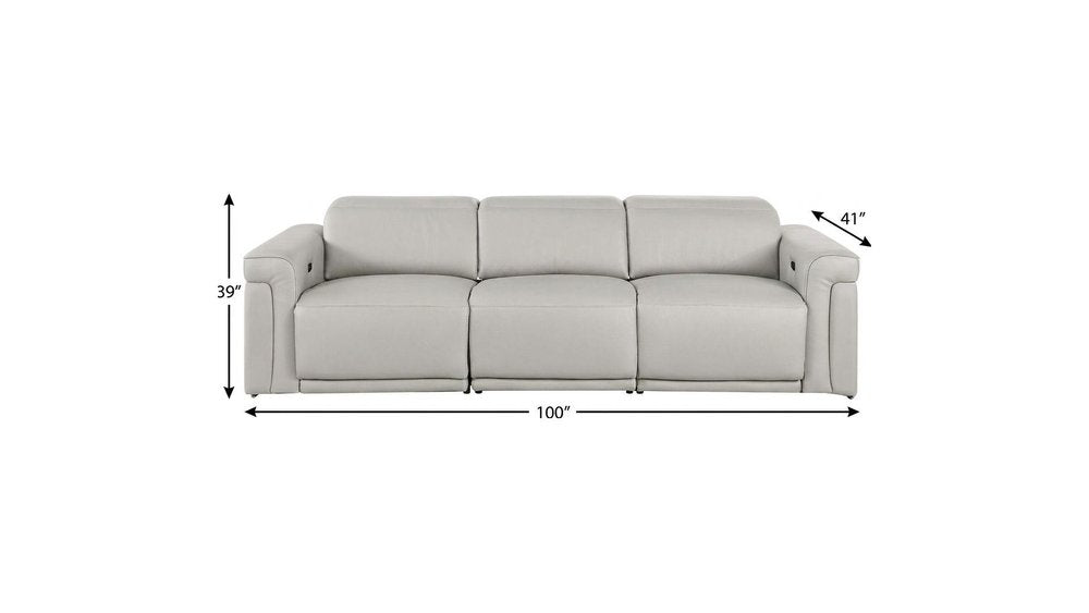 100" Beige Top Grain Leather Reclining Metal USB Sofa