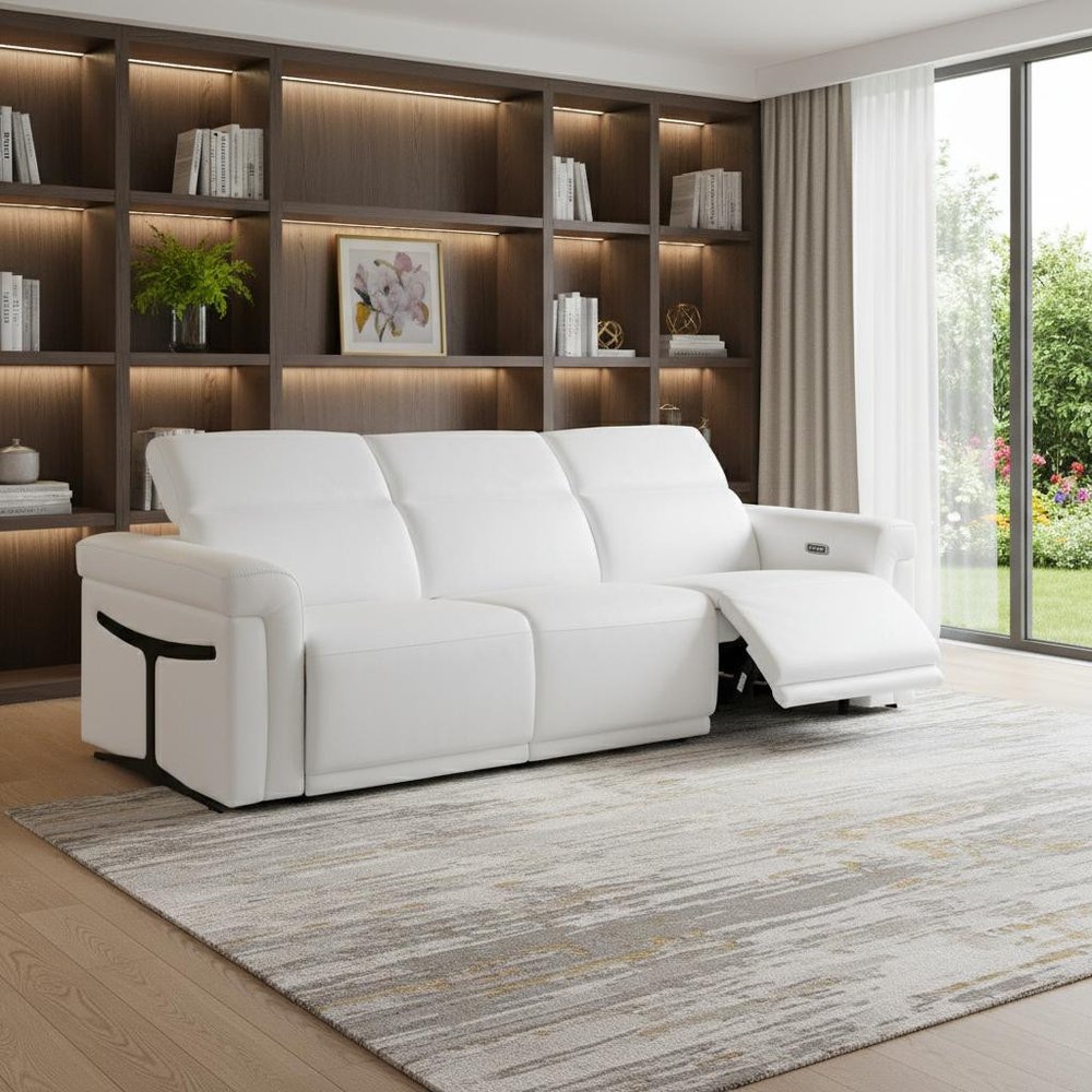 100" Beige Top Grain Leather Reclining Metal USB Sofa