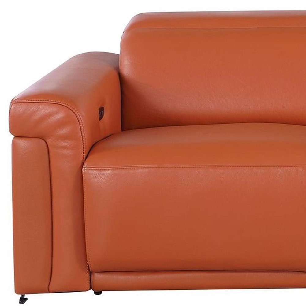 100" Beige Top Grain Leather Reclining Metal USB Sofa