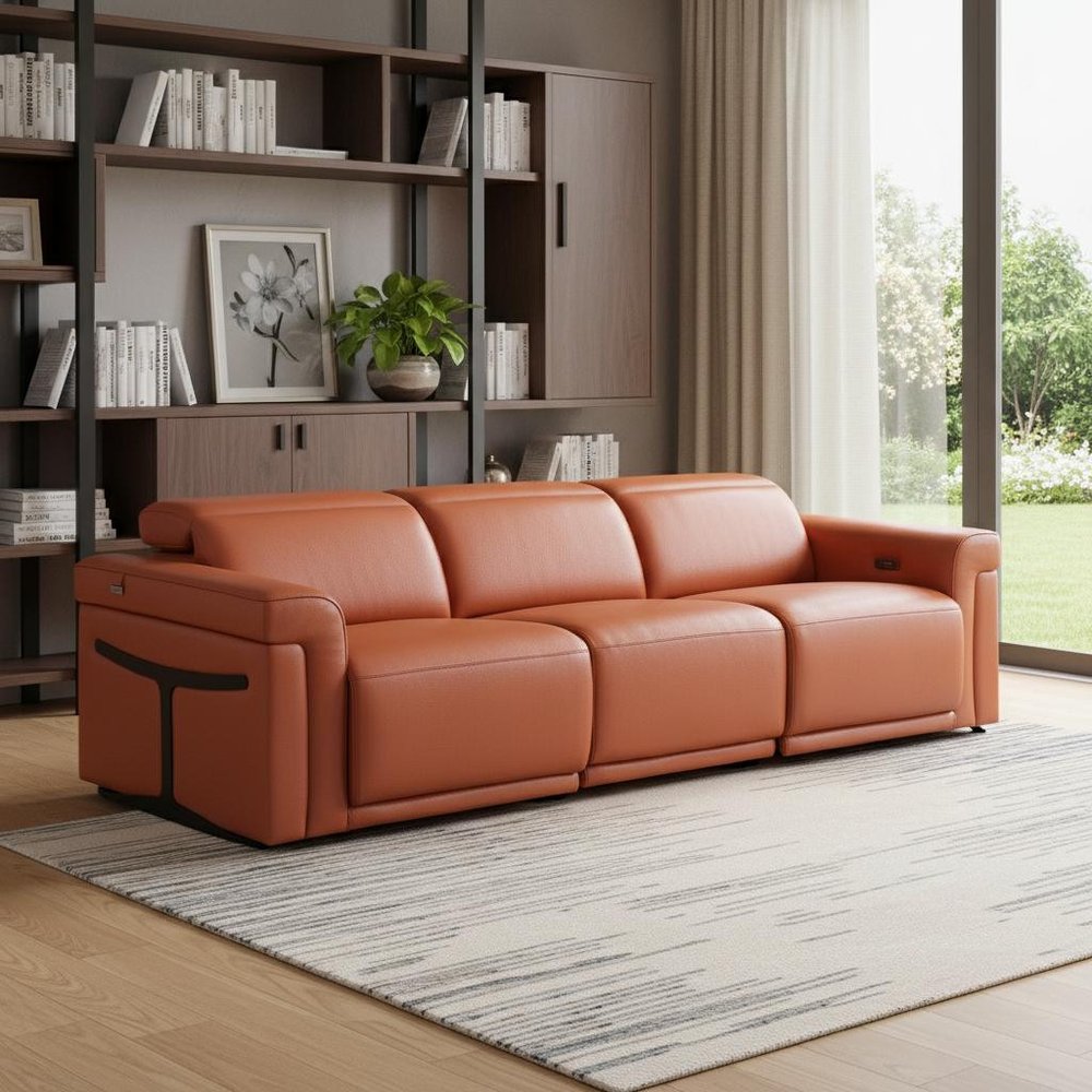 100" Beige Top Grain Leather Reclining Metal USB Sofa
