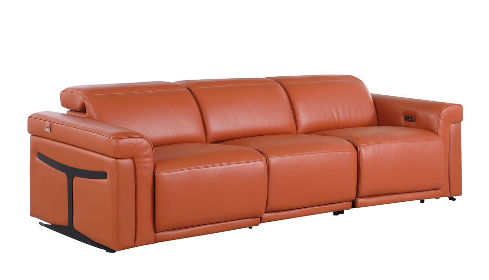 100" Beige Top Grain Leather Reclining Metal USB Sofa