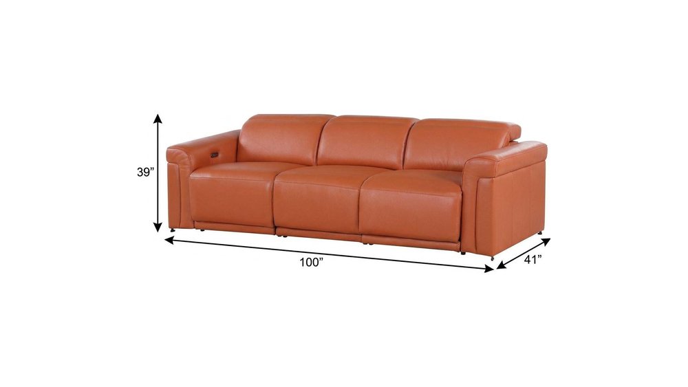 100" Beige Top Grain Leather Reclining Metal USB Sofa