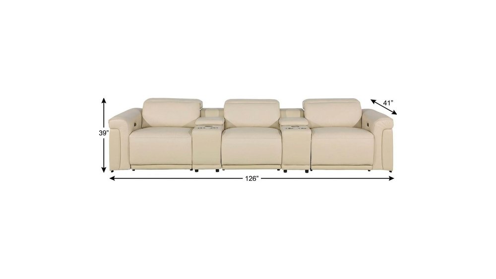 126" Beige Top Grain Leather Reclining Metal USB Sofa
