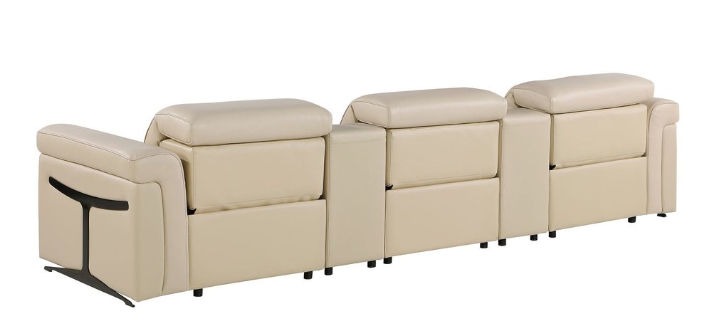 126" Beige Top Grain Leather Reclining Metal USB Sofa