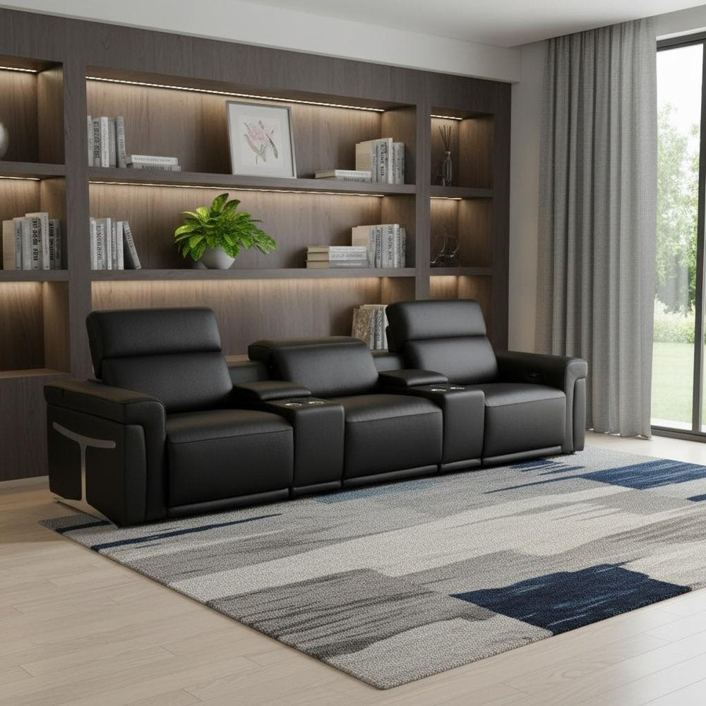 126" Beige Top Grain Leather Reclining Metal USB Sofa