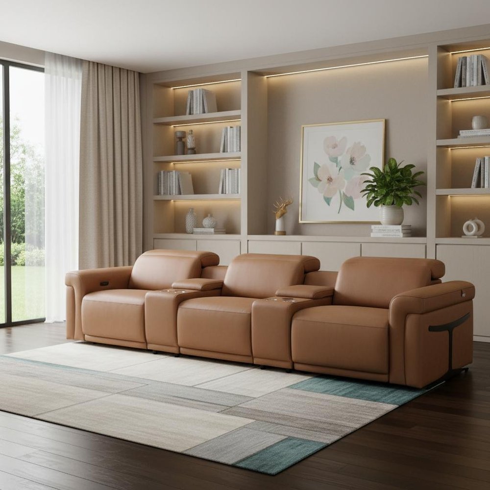 126" Beige Top Grain Leather Reclining Metal USB Sofa