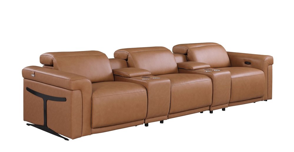126" Beige Top Grain Leather Reclining Metal USB Sofa