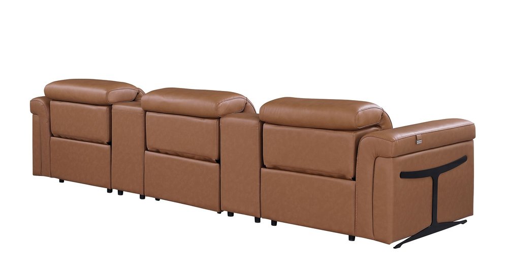 126" Beige Top Grain Leather Reclining Metal USB Sofa