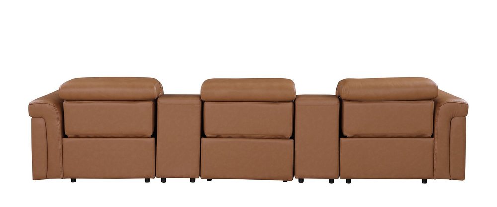 126" Beige Top Grain Leather Reclining Metal USB Sofa