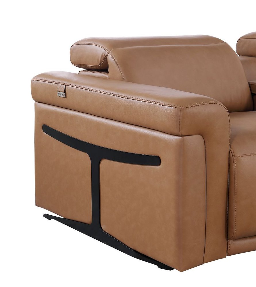 126" Beige Top Grain Leather Reclining Metal USB Sofa