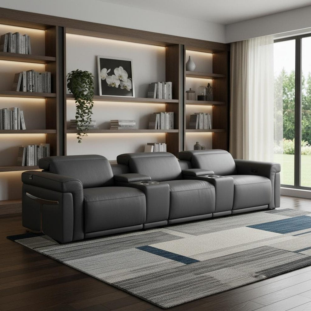 126" Beige Top Grain Leather Reclining Metal USB Sofa
