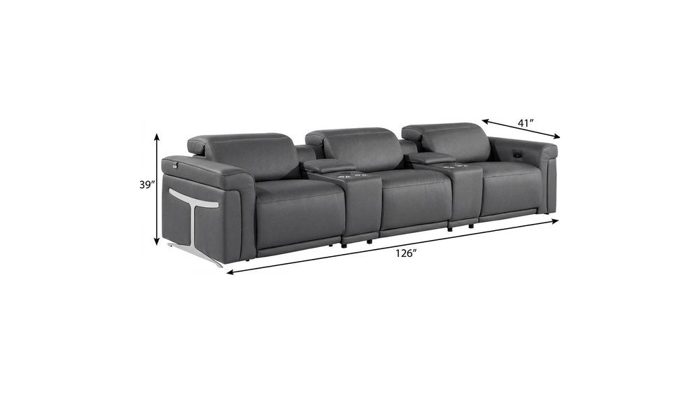 126" Beige Top Grain Leather Reclining Metal USB Sofa