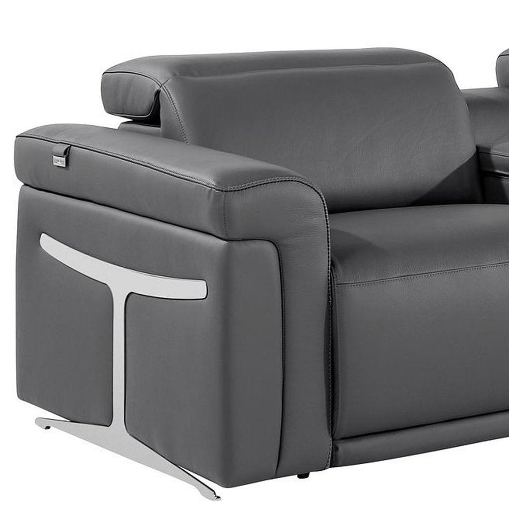 126" Beige Top Grain Leather Reclining Metal USB Sofa