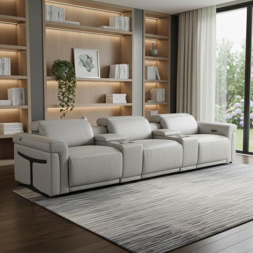 126" Beige Top Grain Leather Reclining Metal USB Sofa