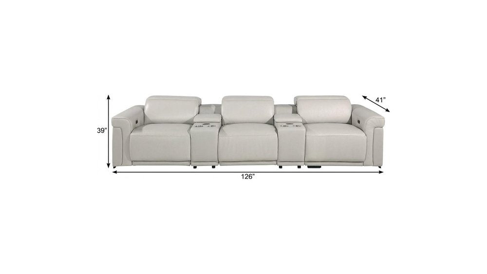 126" Beige Top Grain Leather Reclining Metal USB Sofa