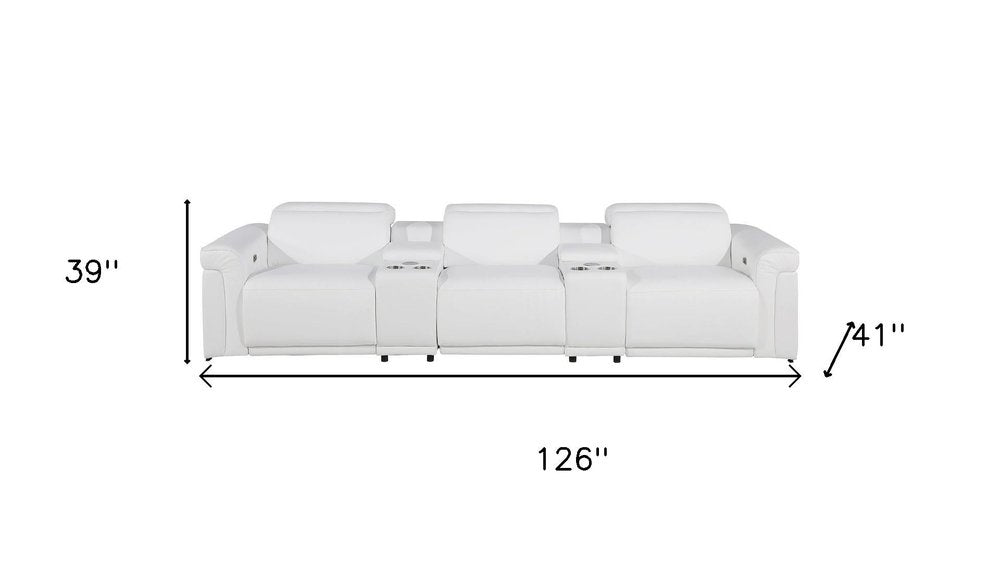 126" Beige Top Grain Leather Reclining Metal USB Sofa
