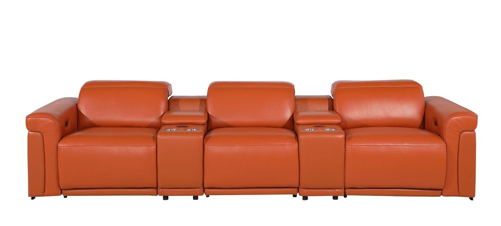 126" Beige Top Grain Leather Reclining Metal USB Sofa