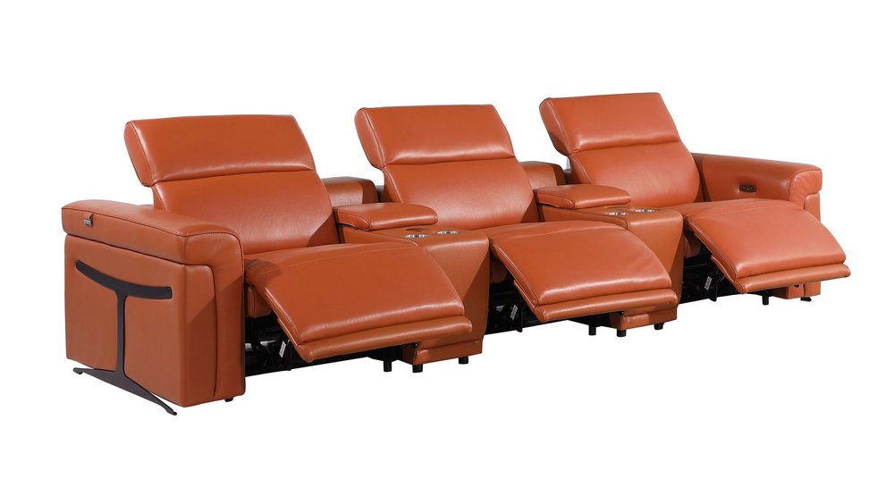 126" Beige Top Grain Leather Reclining Metal USB Sofa