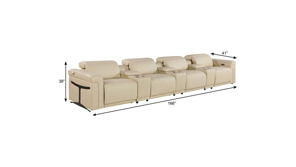 166" Beige Top Grain Leather Reclining Metal USB Sofa