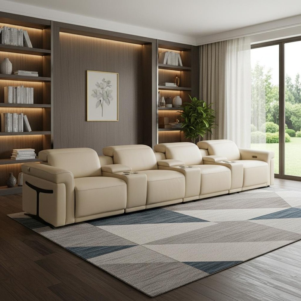 166" Beige Top Grain Leather Reclining Metal USB Sofa